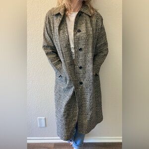 Vintage textured black/ beige 1960's long jacket, iridescent lining medium